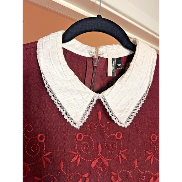 Topshop Embroidered Shift Dress Size 12 Burgundy 3/4 Sleeve Peter Pan Collar - Picture 3 of 15